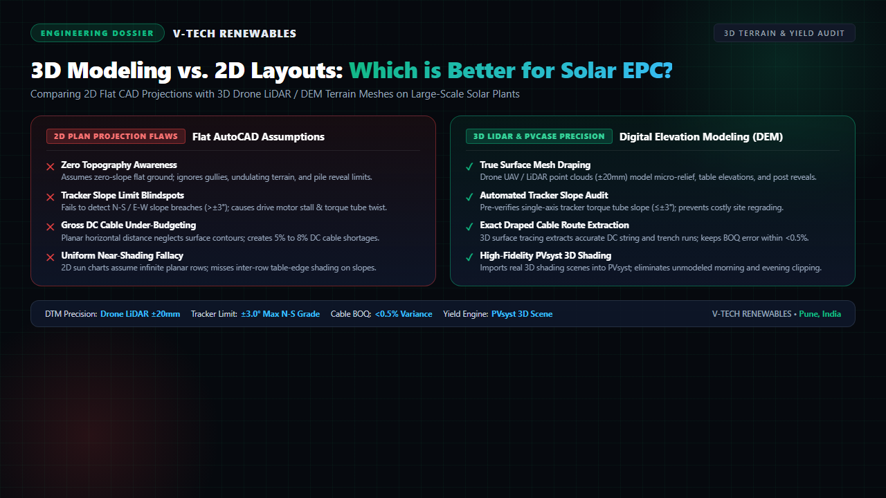 3D terrain modeling vs 2D CAD layout comparison for utility-scale solar EPC showing drone LiDAR DEM mesh, tracker slope limits, and PVsyst shading