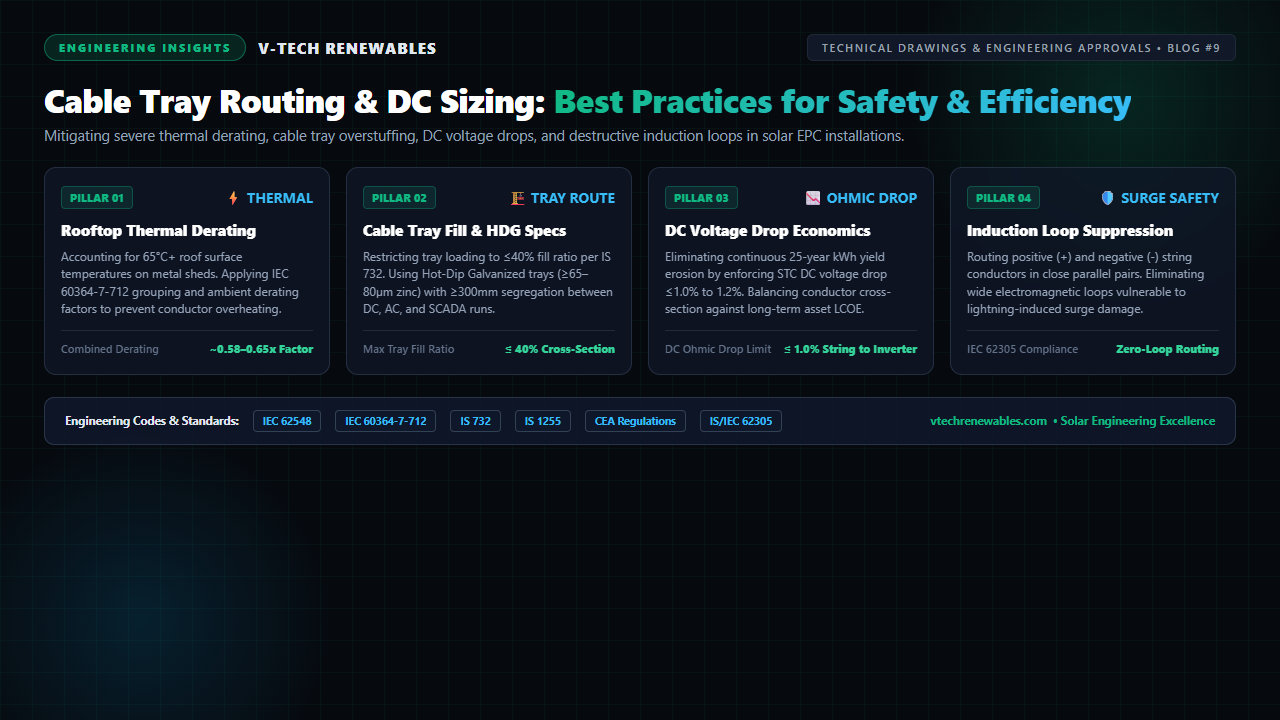 Solar cable tray routing and DC sizing best practices highlighting rooftop thermal derating, cable tray fill limits, ohmic voltage drop calculations, and induction loop mitigation