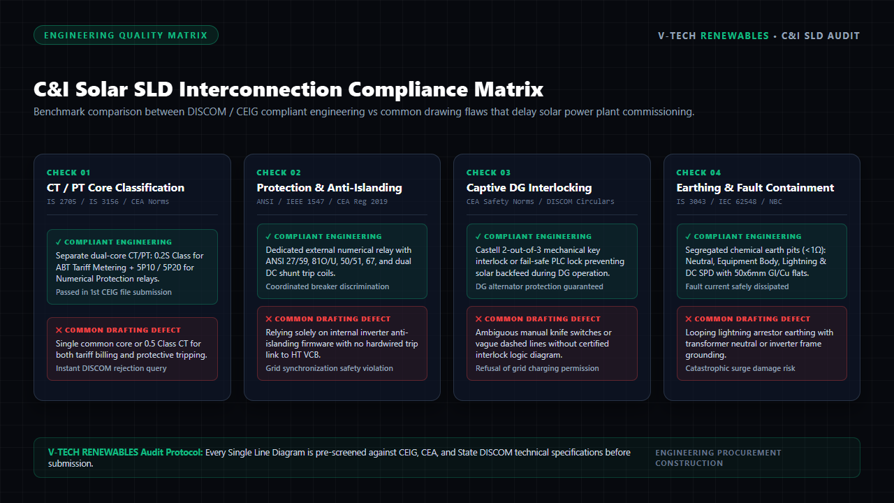C&I Solar SLD Interconnection Compliance Matrix detailing instrument transformer classes, protection relays, captive DG interlocks, and IS 3043 earthing
