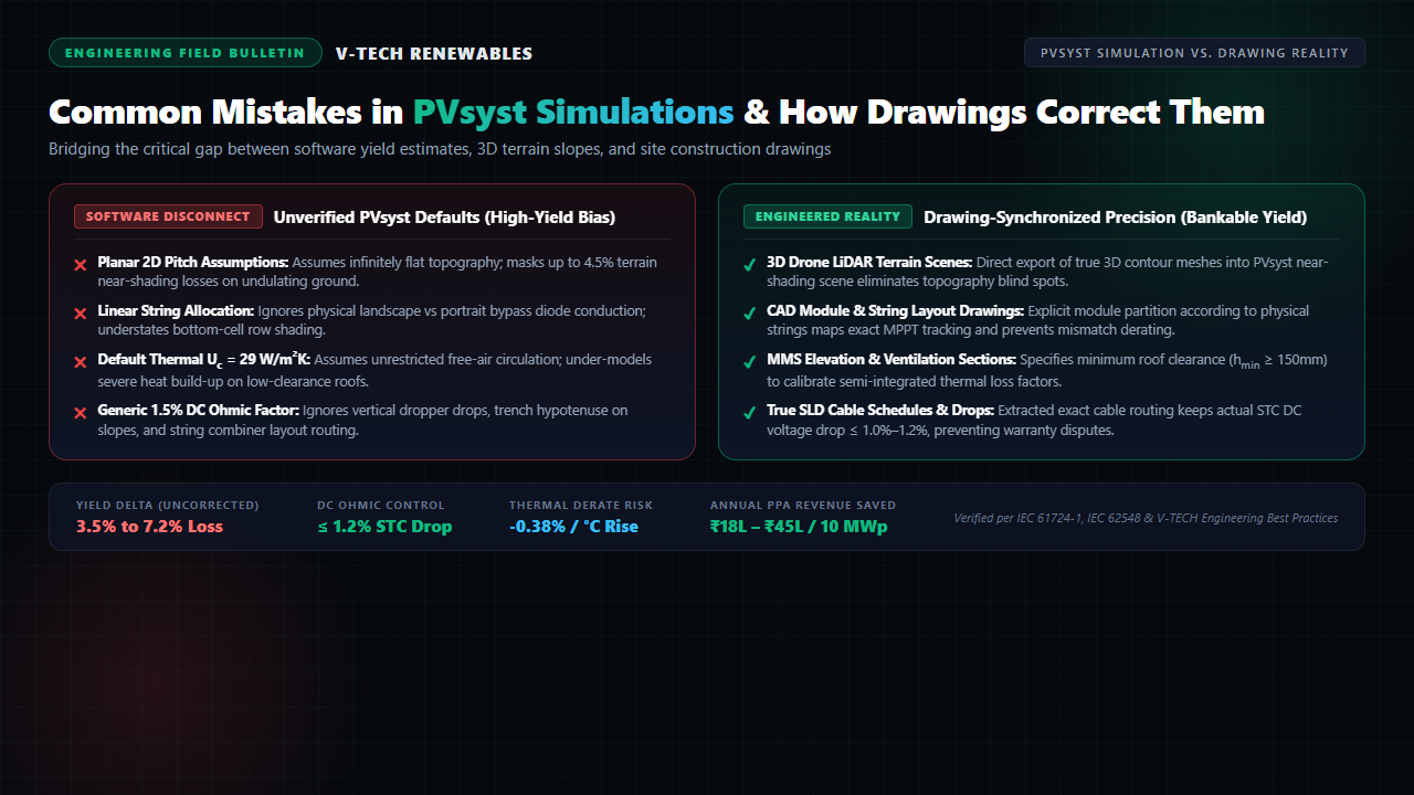 Common mistakes in PVsyst simulations vs engineered drawing reality showing near-shading 3D topography, string layout bypass diodes, thermal coefficients, and DC ohmic cable schedules