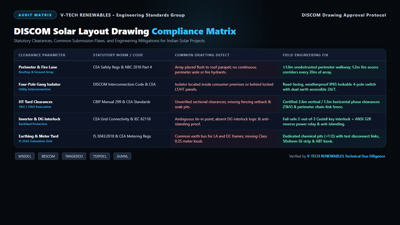 DISCOM solar layout approval matrix detailing clearances, statutory codes, common drafting errors, and field fixes