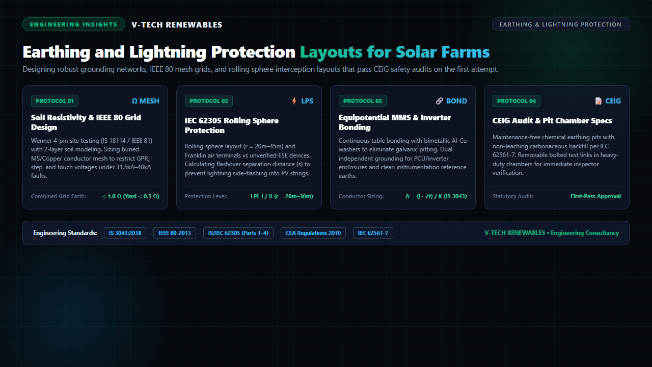 Solar farm earthing and lightning protection layouts highlighting soil resistivity modeling, IEEE 80 ground grids, rolling sphere interception, and CEIG audit compliance