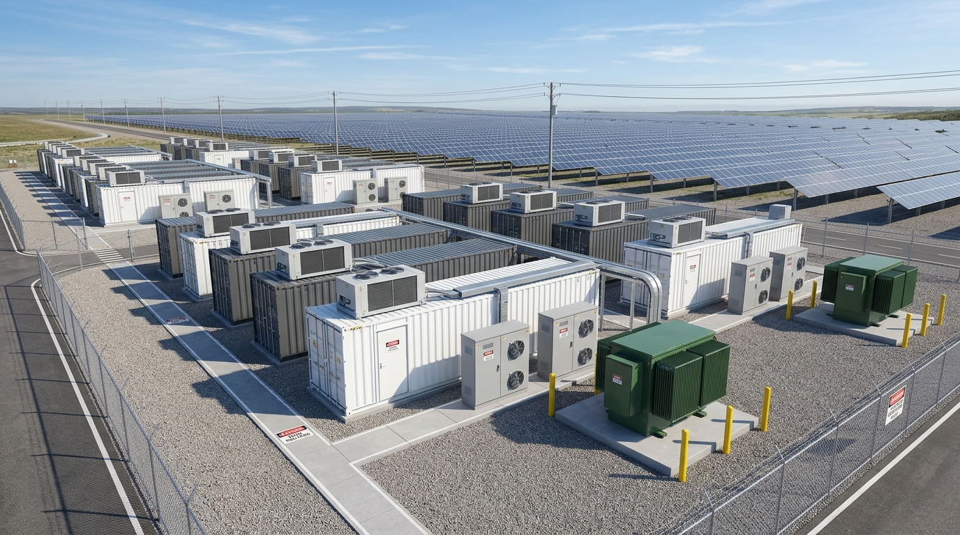 Integrating Battery Energy Storage Systems (BESS) into Existing Solar Designs showing containerized lithium battery systems, PCS inverters, and medium-voltage step-up transformers in hybrid solar power plants
