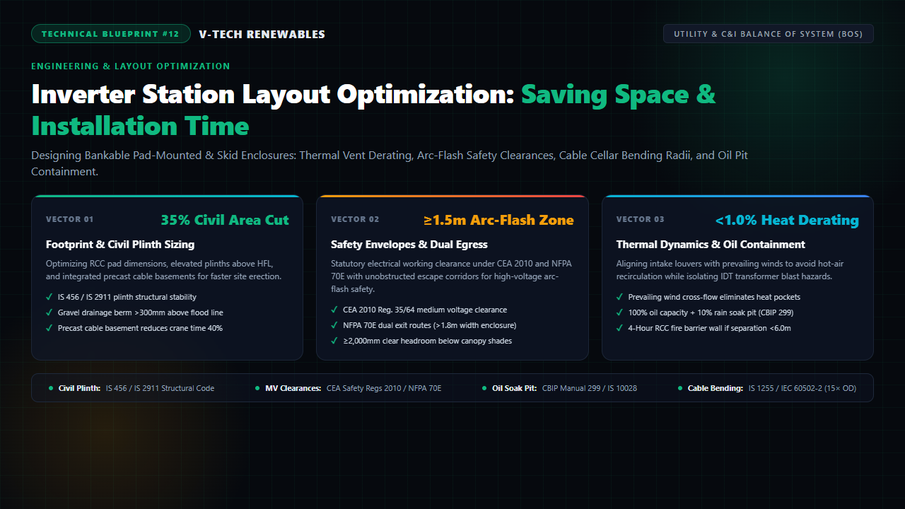 Inverter station layout optimization blueprint detailing pad-mounted civil plinth design, thermal cross-ventilation, arc-flash working clearance, and oil containment
