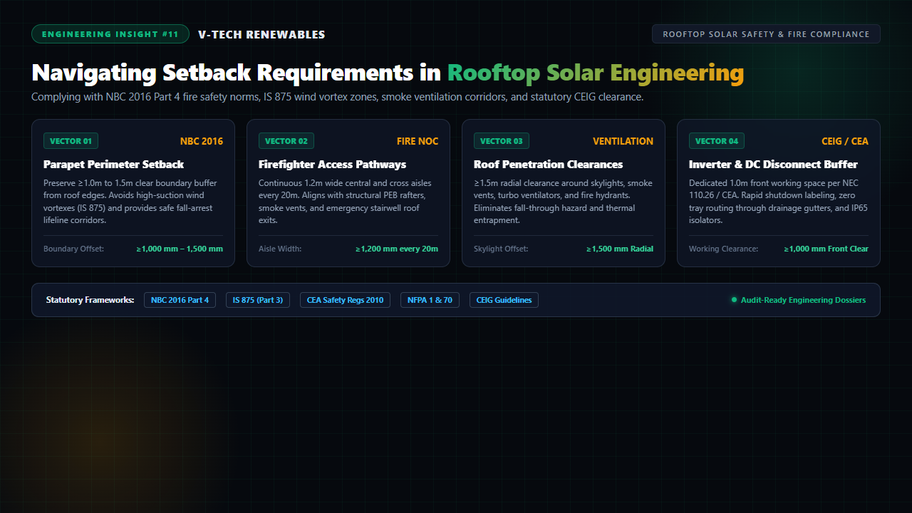 Rooftop solar setback requirements blueprint illustrating perimeter parapet buffers, firefighter access pathways, smoke ventilation zones, and CEIG compliance