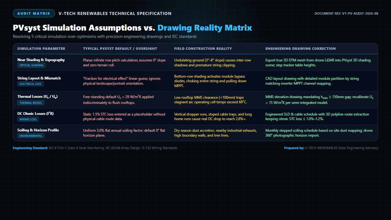 PVsyst simulation assumptions vs engineering drawing reality matrix comparing near-shading, string layout, thermal loss factors, and DC ohmic wiring