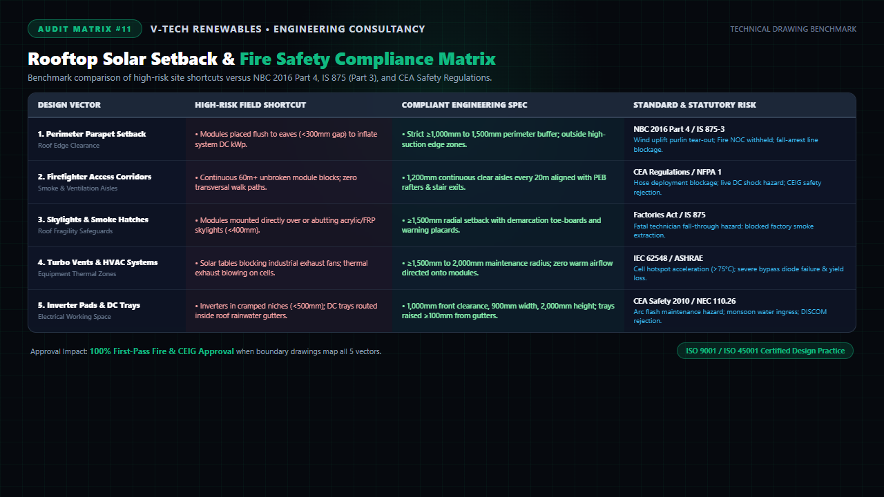 Rooftop solar setback and fire safety compliance matrix comparing non-compliant shortcuts against NBC 2016 Part 4 and IS 875 standards
