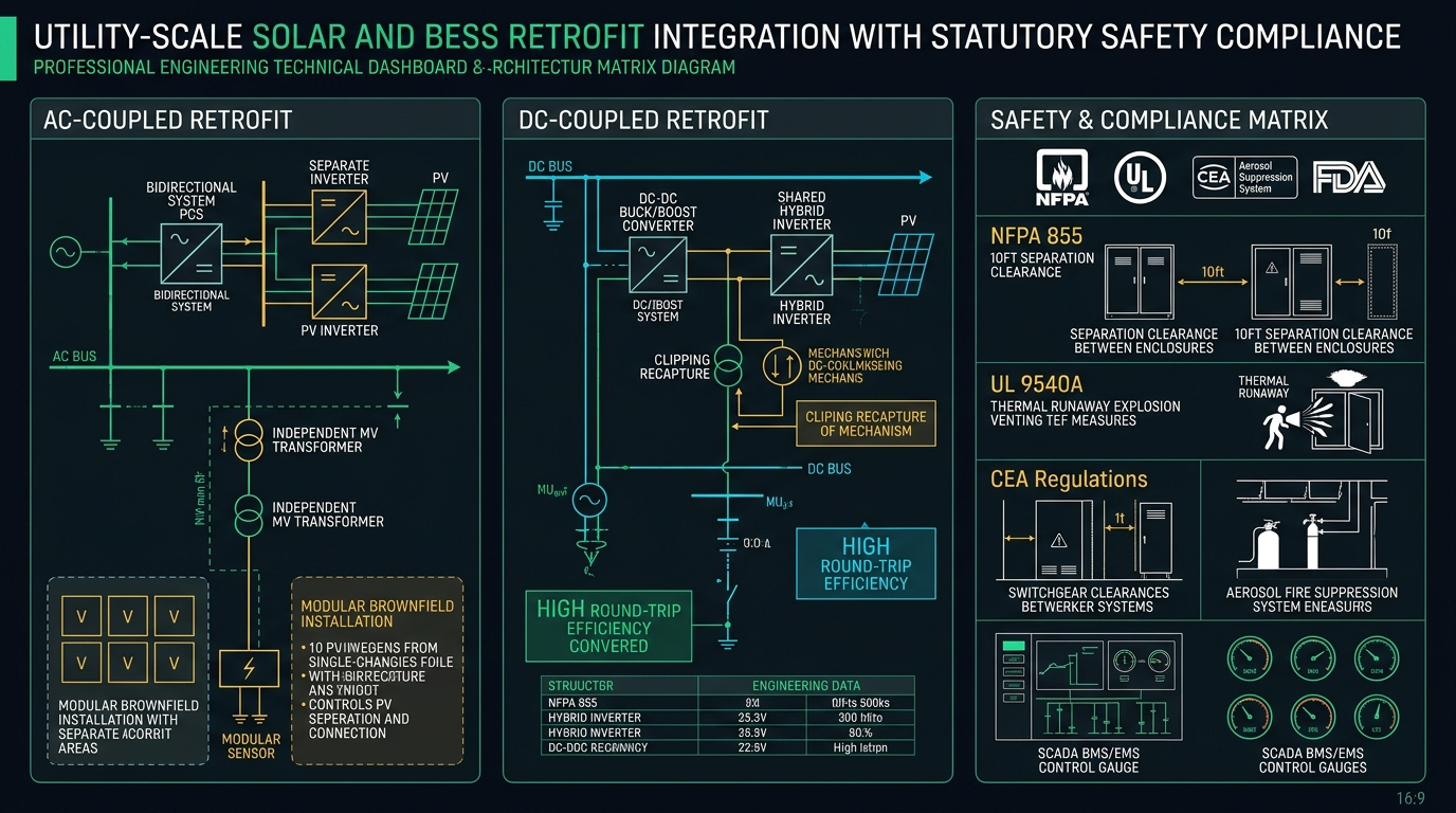 Solar BESS Integration and Safety Compliance Matrix: AC vs DC Coupling, NFPA 855 Setbacks, UL 9540A Thermal Runaway Venting, and Protection Schemes