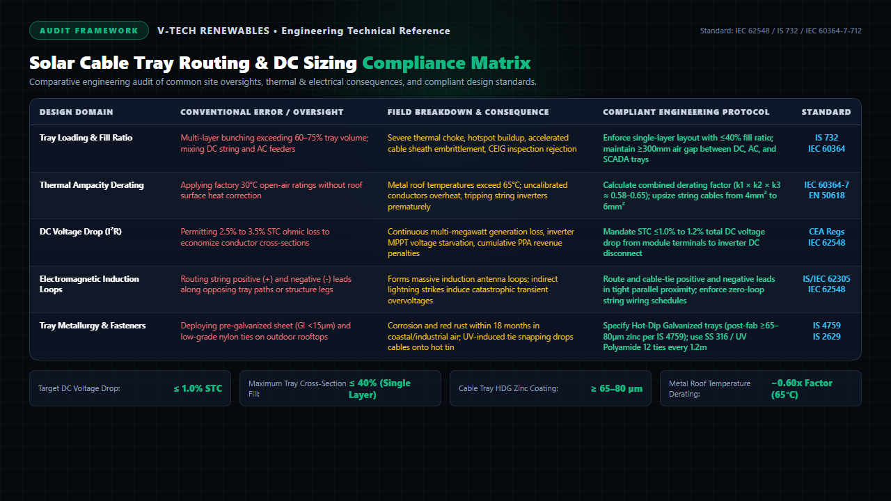 Solar cable tray routing and DC sizing compliance matrix comparing tray loading fill, thermal ampacity derating, DC voltage drop economics, induction loops, and HDG metallurgy