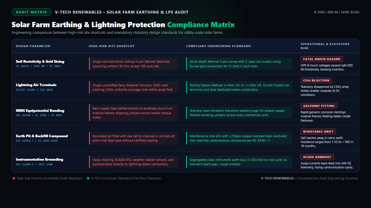 Solar farm earthing and lightning protection compliance matrix comparing high-risk site shortcuts against IS 3043, IEEE 80, and IS/IEC 62305 standards