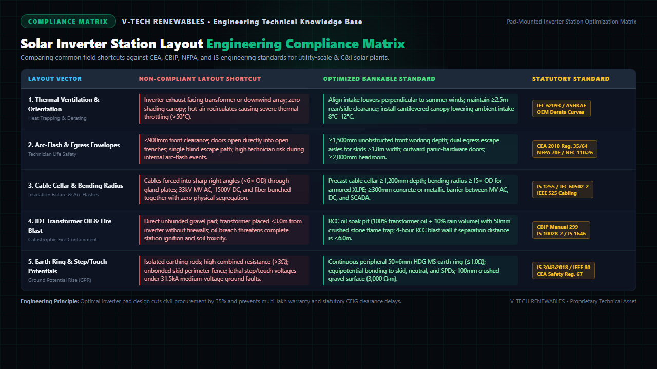Solar inverter station layout engineering compliance matrix comparing shortcuts with CEA, CBIP, NFPA, and IS standards