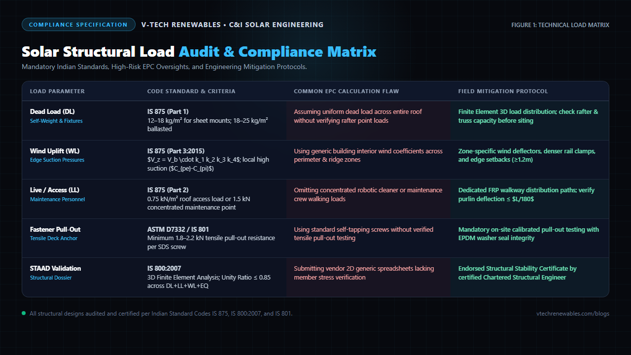 Solar structural load audit matrix detailing dead load, wind uplift, maintenance live load, fastener pull-out, and STAAD.Pro compliance standards