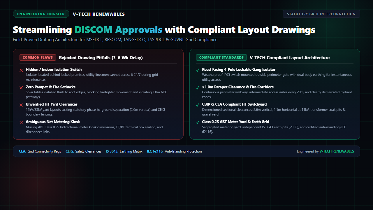 DISCOM solar layout approval comparison showing statutory grid connectivity compliance, fire setbacks, and CEIG clearances
