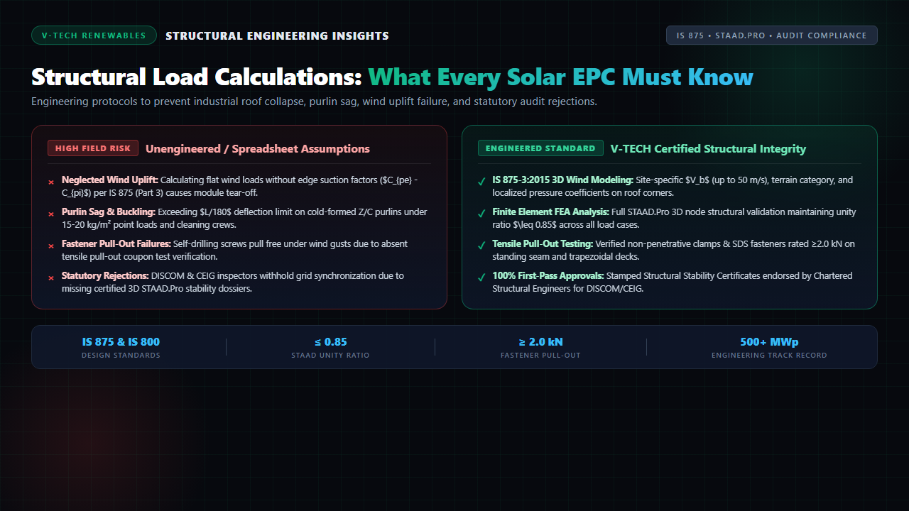 Structural load calculation comparison showing roof purlin sag, wind uplift suction risks, and certified STAAD.Pro FEA structural stability engineering