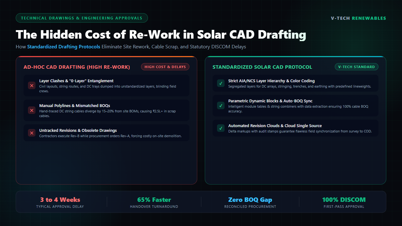 Solar CAD drafting comparison showing layer clashes, mismatched cable schedules, and standardized dynamic block engineering workflows