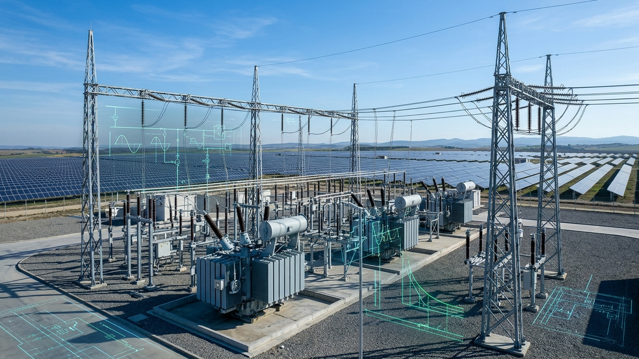 Top 5 Reasons Utility Interconnection Applications Get Rejected showing utility solar substation switchyard with technical SLD overlays