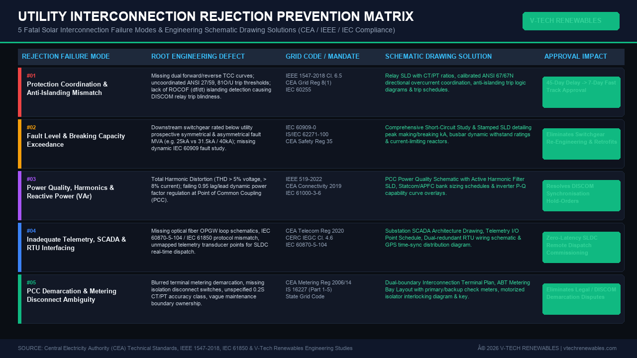 Utility Interconnection Rejection Prevention Matrix detailing 5 engineering failure modes, grid codes, and schematic solutions