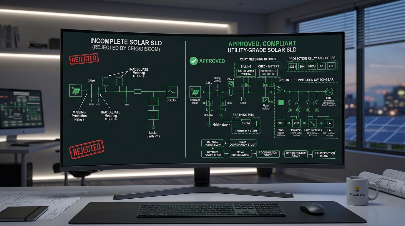 Comparison of an incomplete rejected solar single line diagram versus a compliant CEIG and DISCOM approved utility-grade solar SLD